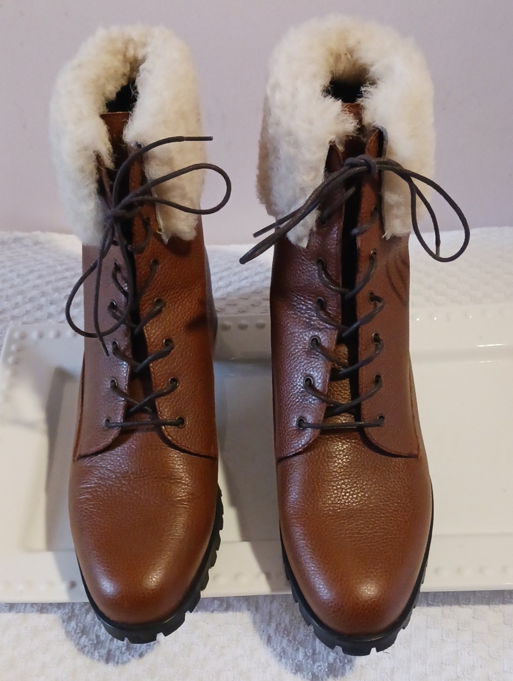 Grigiarancio ⚜️Brown Pebble Leather Boot Shearling Trim Lace-Up Eu41-10 Italy